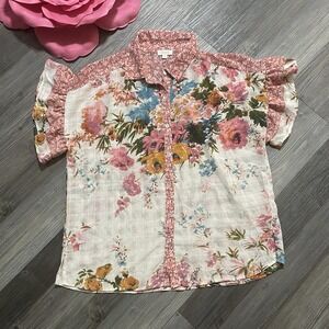 ODDI Sz‎ M Lightweight Floral Textured Floral Flutter Sleeve Top Boho Peasant